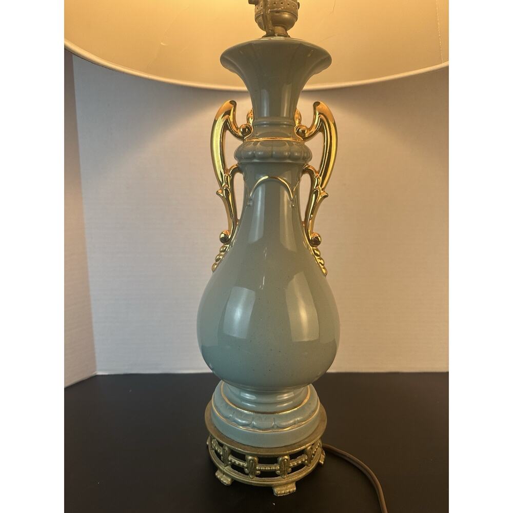 Vintage Green Gold Celadon Porcelain Vase Table Lamp Greek Key Brass